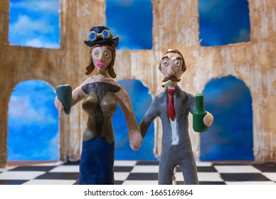 Wealthy People Enjoying Some Drinks After Their Success At A Festival. Rich People Dressed . Claymation Still