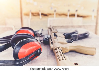 Weapons and military equipment for army, Assault rifle gun, shooting instructor.