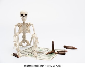 Weapons, Money And Human Skeleton On The White Background