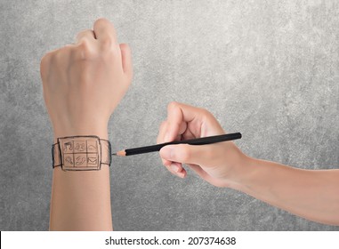 Wearable Device Concept Of Digital Watch, Hand Drawing.