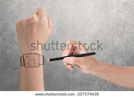Wearable device concept of digital watch, hand drawing.