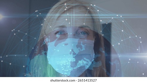 Wearing mask with digital globe image overlay, woman viewing network connections. Technology, innovation, connectivity, networking, communication, futuristic