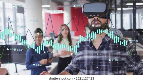 Wearing VR headset, man experiencing virtual reality over financial data image. Technology, innovation, finance, futuristic, immersive, analytics