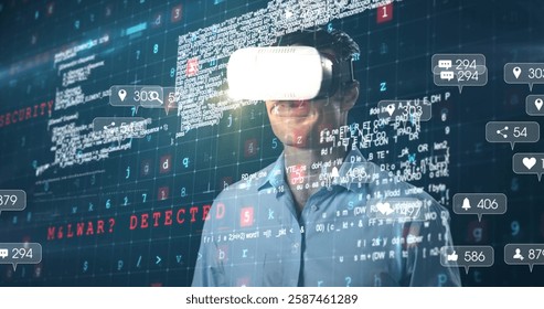 Wearing VR headset, man surrounded by social media and data processing image. Technology, virtual reality, digital, innovation, immersive, networking