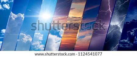 Weather forecast background, climate change concept, collage of sky image with variety weather conditions - bright sun and blue sky, dark stormy sky with lightnings, sunset and night