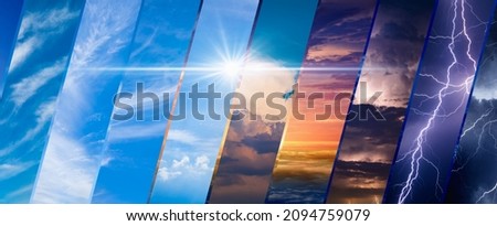 Weather forecast background, climate change concept, collage of images with variety weather conditions - bright sun and blue sky, dark stormy sky with lightnings, sunset and night