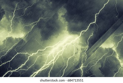 Weather forecast background - dark dramatic sky with powerful lightnings, dangerous stormy weather with rain