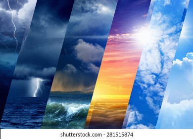 Weather forecast background - variety weather conditions, bright sun and blue sky; dark stormy sky with lightnings - Shutterstock ID 281515874