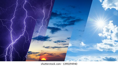 Weather forecast concept, climate change background, collage of sky image with variety weather conditions - bright sun and blue sky, dark stormy sky with lightnings, glowing sunset - Shutterstock ID 1390294940