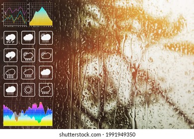 Weather Forecast Symbol Data Presentation With Graph And Chart On Tropical Storm  And Heavy Rain Storm On Twilight Tropical Sky Background 