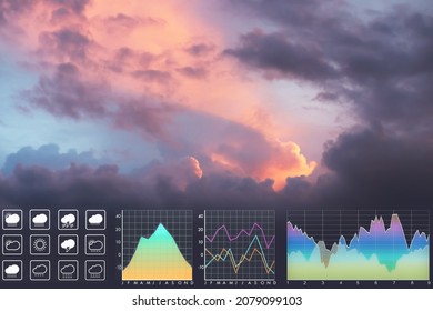 Weather forecast symbol data presentation and report background for travel and transportation with graph and chart on panoramic view of colorful twilight sky.
