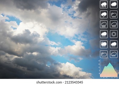 Weather Forecast Symbol Data Presentation With Graph And Chart On Dramatic Tropical Storm Clouds And Summer Blue  Sky For Meteorology Report Background.
