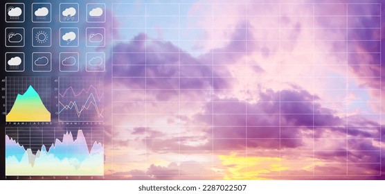 Weather forecast symbol data presentation with graph and chart on dramatic atmosphere panorama view of colorful twilight tropical sky for meteorology presentation and report background