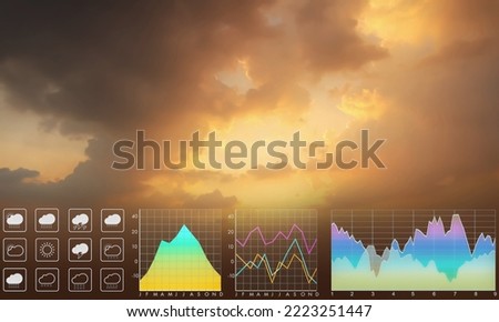 Weather forecast symbol data presentation with graph and chart on dramatic atmosphere panorama view of golden twilight tropical sky for meteorology presentation and report background
