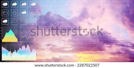 Weather forecast symbol data presentation with graph and chart on dramatic atmosphere panorama view of colorful twilight tropical sky for meteorology presentation and report background