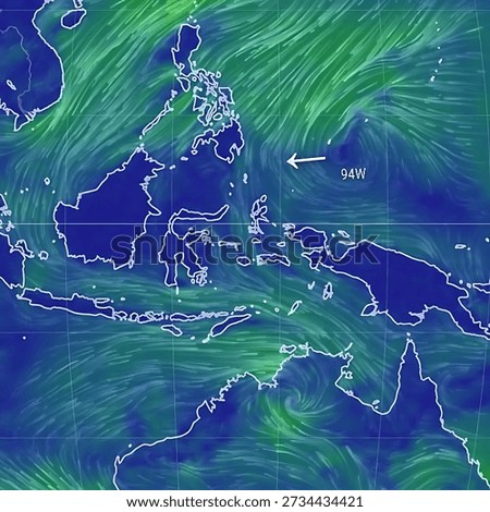 A weather map showing wind patterns over Southeast Asia and Australia, with a hurricane symbol indicating a storm's path.