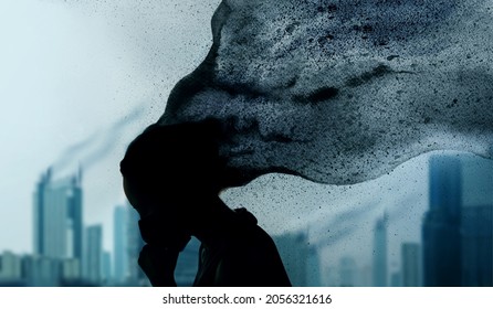 Weather, Pollution And Ecology Issue Concept. Lungs Cancer Disease. Silhouette Of Woman With Protection Mask Coughing In City Combined With Urban Building And Watercolors