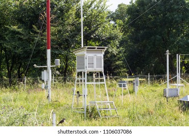 Weather Station For Monitoring Ambient Air Pressure, Humidity, Temperature In The Forest In Nature. Meteorology Concept Image