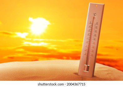 Weather Thermometer With High Temperature Outdoors On Hot Sunny Day. Heat Stroke Warning