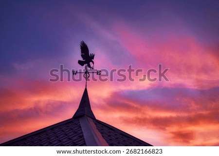 A weather vane in the form of an eagle and indicating the cardinal directions is installed on the roof of the building, dawn has just begun, the first rays have colored the sky, a very beautiful