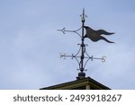 A weather vane with a gold and silver design on it. The vane is pointing to the north