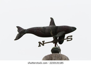 Weather Vane On Wooden Post With Whale Against Overcast Sky Oregon