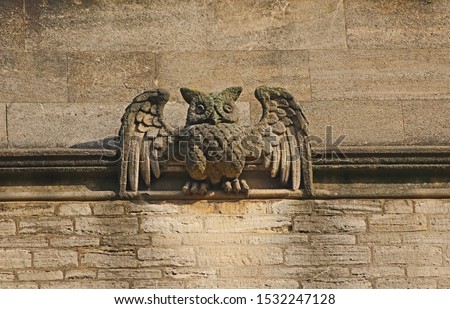 A weather worn or weather-beaten stone gargoyle or grotesque of an owl on the wall of a Universtiy college in Oxford originally made from Headington stone from Oxford in England which weathered badly
