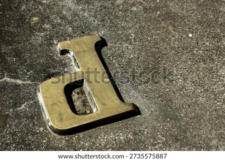 Weathered Brass Lowercase 'd' Embedded in Concrete