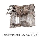 Weathered and broken house with exposed brick and damaged plaster, featuring a partially collapsed tiled roof.