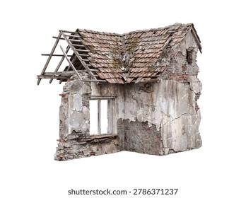Weathered and broken house with exposed brick and damaged plaster, featuring a partially collapsed tiled roof.