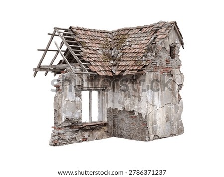 Weathered and broken house with exposed brick and damaged plaster, featuring a partially collapsed tiled roof.