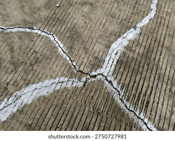 Weathered concrete surface with intersecting cracks filled with a white repair sealant, grooved texture, outdoor pavement background, structural damage and maintenance concept.