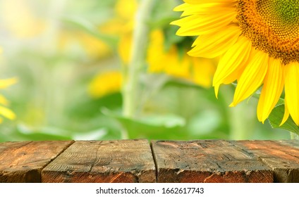 Weathered Empty Wooden Table In Front On A Sunflower Background. Table In Perspective View With Copy Space For Producs And Objects Mockup. Aged Wood.