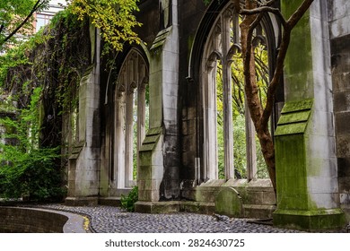 Weathered Gothic archways and columns of a roofless church ruin are framed by ivy, moss, and autumn trees along a cobblestone path.