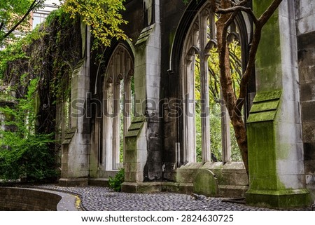 Weathered Gothic archways and columns of a roofless church ruin are framed by ivy, moss, and autumn trees along a cobblestone path.