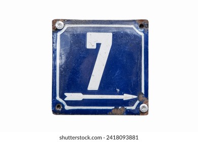 Weathered grunge square metal enameled plate of number of street address with number 7 isolated on white background - Powered by Shutterstock