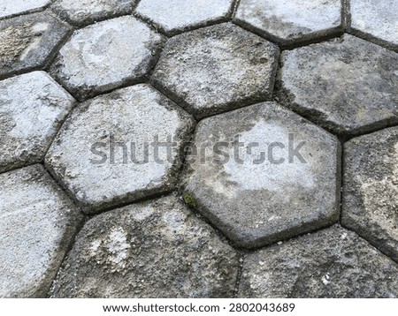 Weathered hexagonal concrete paving blocks forming a geometric outdoor surface pattern. Featuring aged textures, natural wear, and urban landscaping elements, this image is ideal for architecture, construction, infrastructure, walkways, hardscape design, and background texture applications.