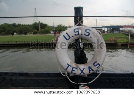 Weathered life ring float on the USS Texas battleship