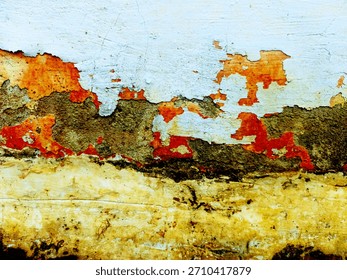 Weathered and peeling wall texture with aged paint, stains, and grunge patterns in earthy tones. Ideal for backgrounds, vintage designs, urban decay themes, and abstract textured surfaces.
