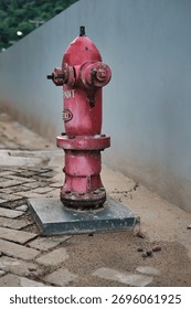 A weathered red fire hydrant standing on a concrete block next to a gray wall. The bright, vivid color contrasts with the subdued urban environment, suggesting themes of emergency, safety, and infrast