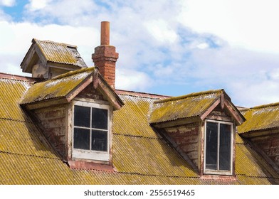 Weathered rooftop with rustic dormer windows, aged architecture under bright sky - Powered by Shutterstock