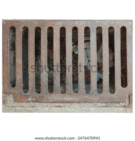 Weathered Rustic Drain Grate Texture. This stunning 4K stock photo showcases a heavily rusted iron drain grate, embedded in concrete, with a rich, high-resolution texture that's perfect for adding dep