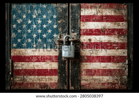 A weathered, rustic pair of doors painted with the American flag, secured by a silver padlock. This image evokes themes of security, protection, and closed borders.