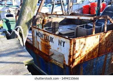 Weathered Stenciling On Commercial Fishing Boat At Montauk, New York