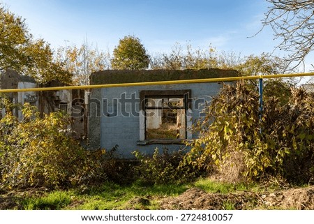 Weathered stone walls and empty window frames of an abandoned rural house, surrounded by overgrown vegetation and autumn trees under clear blue sky.