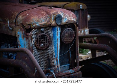 A weathered, vintage tractor sits in a neglected farmyard with rusting machinery and overgrown weeds. - Powered by Shutterstock