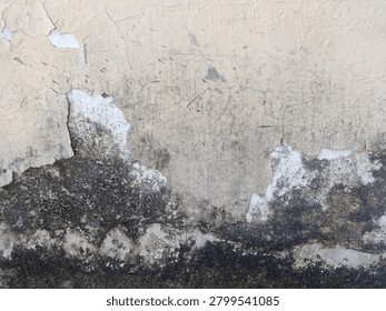 A weathered wall with a beige surface, displaying significant dirt and grime accumulation towards the lower section. The wall shows signs of wear, with peeling paint and blackened patches indicative of moisture damage or mold growth. The texture varies from smooth at the top to rough and uneven at the bottom, creating an aged and distressed appearance. The overall condition of the wall suggests longstanding exposure to environmental elements.
