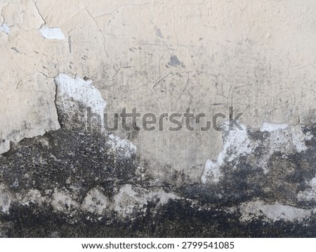 A weathered wall with a beige surface, displaying significant dirt and grime accumulation towards the lower section. The wall shows signs of wear, with peeling paint and blackened patches indicative of moisture damage or mold growth. The texture varies from smooth at the top to rough and uneven at the bottom, creating an aged and distressed appearance. The overall condition of the wall suggests longstanding exposure to environmental elements.