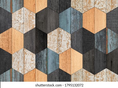 Weathered Wood Texture Background. Colorful Seamless Wooden Wall With Hexagonal Pattern Made Of Barn Boards. 