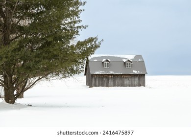 Weathered wooden barn with gable metal roof seen in snowy farmland during winter, Neuville, Quebec, Canada - Powered by Shutterstock